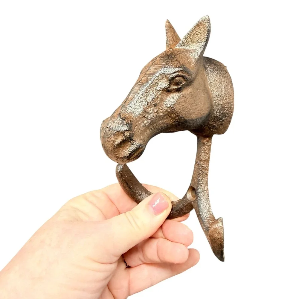 Cast Iron Horse Head Double Wall Hook Rustic Equestrian Cottage Farmhouse Decor